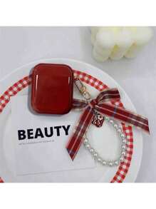 Keychain,Lanyard Wine Red Solid Color Bowknot Pendant, Shockproof Protective Case Compatible With Apple Bluetooth Earphones