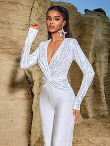 Elegant Twisted Rhinestone Embellished Flared Jumpsuit, Suitable For Party, Holiday Event Attire - White - View 6