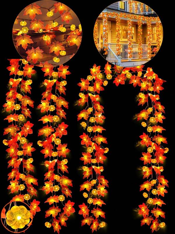 1pc-Autumn Decoration With Lights LED Maple Leaf Autumn Lights Battery Powered Autumn Harvest Indoor Outdoor Family Party,Indoor And Outdoor Family Gathering, Simulated Maple Leaf Jack-O '-Lantern String Halloween Garden Party Decorative Lights