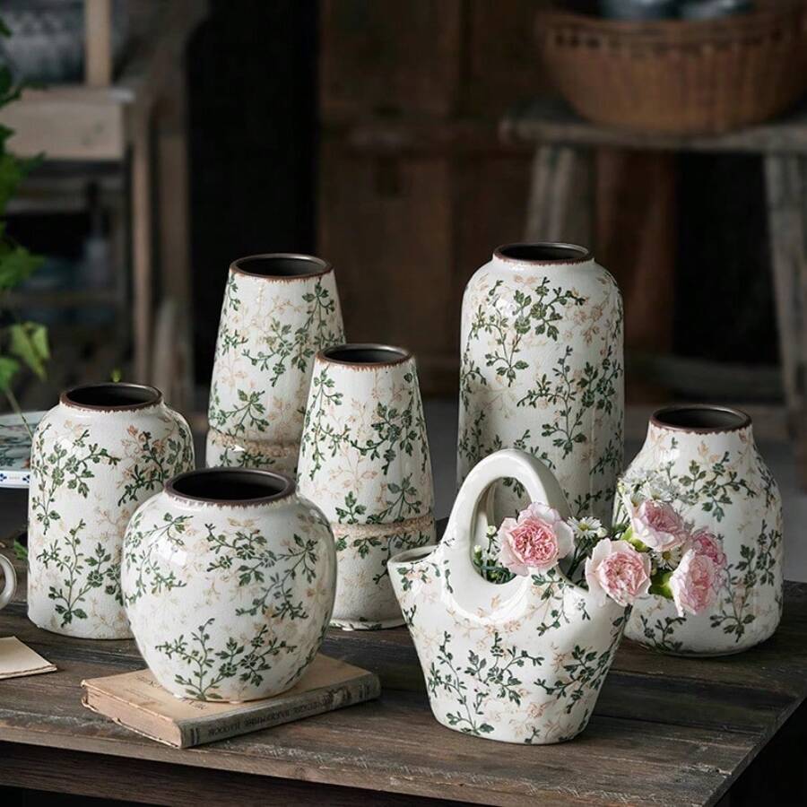Rustykalny zabytkowy ceramiczny wazon na kwiaty, nowy chiński styl świeży i prosty kwiatowy uchwyt na wodę do salonu, gabinetu, biura
