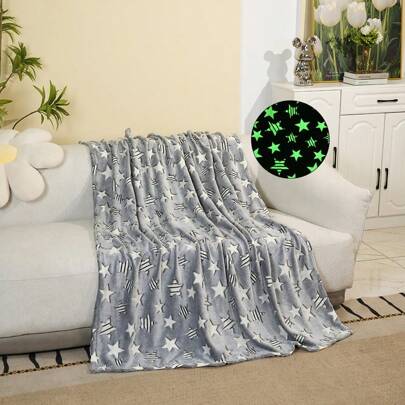 1pc Adorable Glow-In-The-Dark Fleece Blanket, Lovely Grey Star Design, Soft Plush Comfortable Warm Luxurious Flannel Throw Blanket For Bed Sofa Chair, Perfect Gift For Travel, Outdoor, Birthday Or Anniversary
