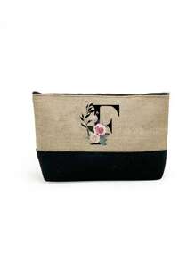 1 set, Bolso de mano tipo tote con estampado de flores con inicial A y correas para el hombro & Set de bolsas de maquillaje con iniciales de la A a la Z, bolso de regalo personalizado con bolsillos laterales, bolso de playa con pañuelo, bolsos de almacenamiento portátiles y de ocio, bolsas de compras multifuncionales, bolsa de almacenamiento simple para viajes