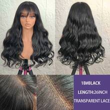 VIOLLY 200% High-Density Elegant Long Black Body Wave Wig With Air Bangs 5X5 Glueless Transparent Lace Frontal Human BlendedHair Wigs Pre-Bleached Invisible Knots Natural-Looking Versatile Styling For All Women - Natural & Black - View 3