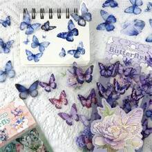 6pcs Flower & Butterfly Stickers - Self-Adhesive PET Plastic Stickers For Scrapbooking, Journals, DIY Crafts, With Blue, Gold Accents, Leaves And Butterflies, Rectangular Shape, Scrapbooking Stickers, Butterfly Decor,School Supplies,Back To School