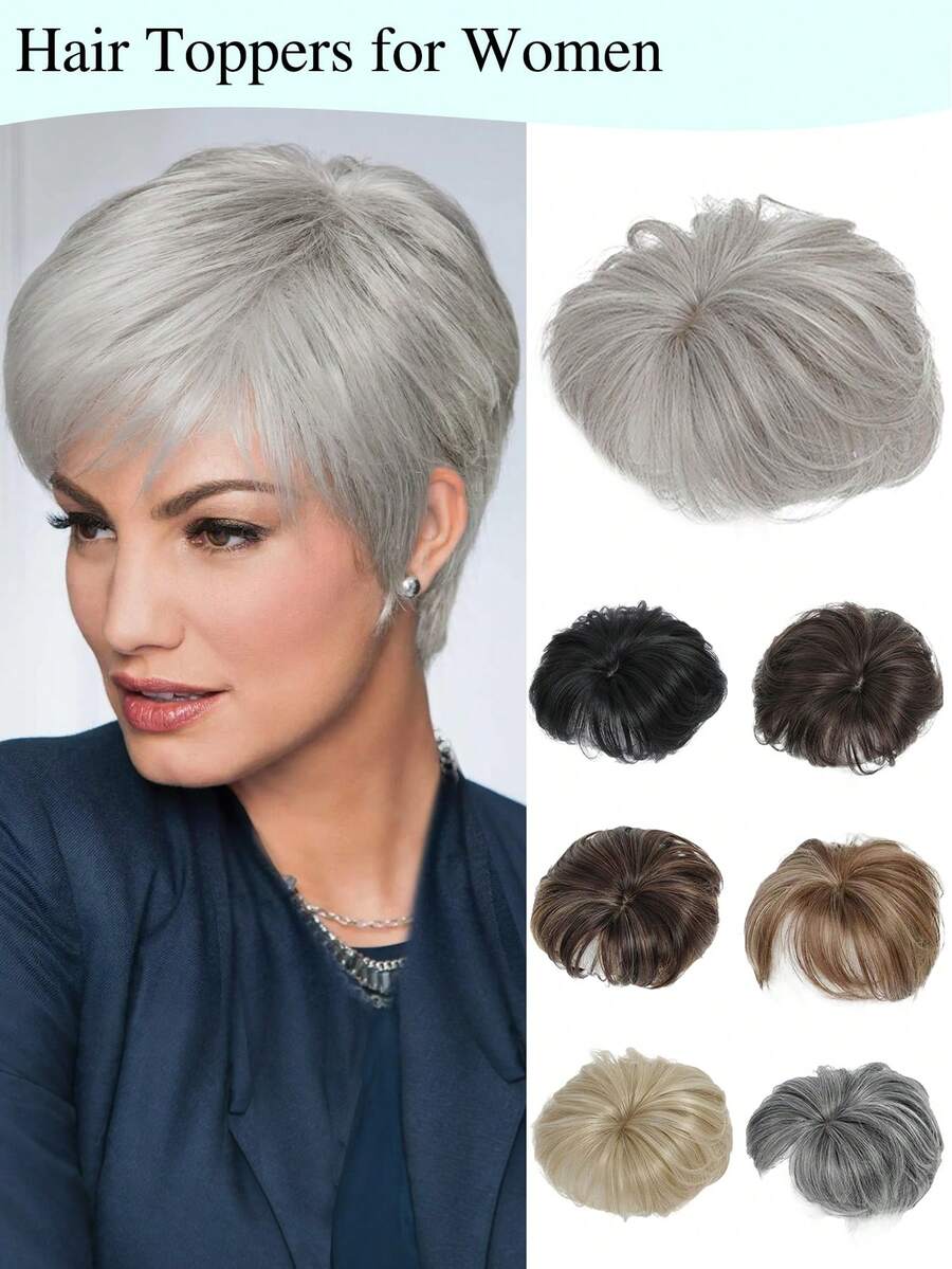 Natural Black Short Hair Topper With Bangs Relaxed Pixie Cut Clip In Hair Topper For Women With Thinning Hair Synthetic Hair Top Hairpieces