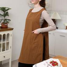 1pc Long Kitchen Apron With Side Pockets - Stylish Brown Polyester Apron For Home, Cafe, Or Art Use - Durable & Easy To Clean, Home Painting Garment