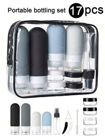 [17 件旅行瓶套装] 防漏硅胶洗漱用品容器 - 可再填充洗发水、乳液和肥皂化妆品瓶，带储物袋 | TSA 认证旅行必需品 17 件旅行瓶套装，便携式可再填充旅行洗漱用品配件