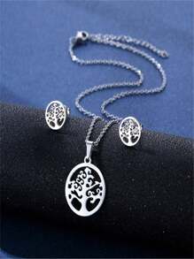 3pcs Retro Tree Of Life Shape Pendant Necklace And Earrings Alloy Lucky Tree Jewelry Set
