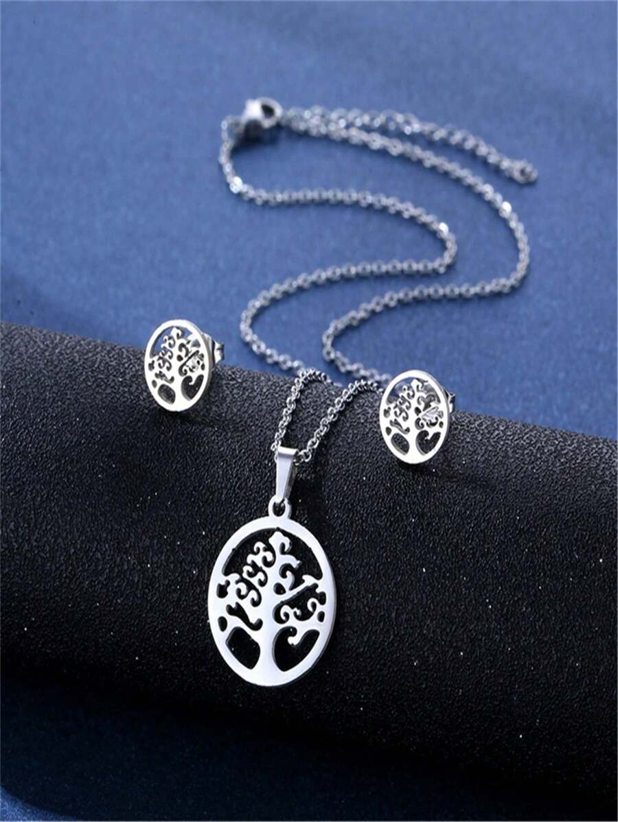 3pcs Retro Tree Of Life Shape Pendant Necklace And Earrings Alloy Lucky Tree Jewelry Set