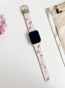 1Pc Women Pink Bow Cherry Flower Embroidered Leather Strap Compatible With Apple Watch Band 38/40/41/42/44/45/49/(S10 42)/(S10 46)Mm, Compatible With Watch Strap S10/Ultra/Se/9/8/7/6/5/4/3/2/1,Stylish And Lovely,INS Style,Watch Band,Smart Watch Band,Mother's Day/Daily/Party Gift