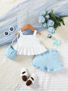 2pcs/Set Atasan Camisole Bordir Bunga Kasual Modis & Celana Pendek Biru, Musim Panas - Baby Blue - View 3