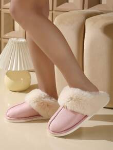 新款加厚保暖抓绒家居拖鞋男女时尚舒适防滑室内一脚蹬拖鞋 - 粉色 - 查看 5