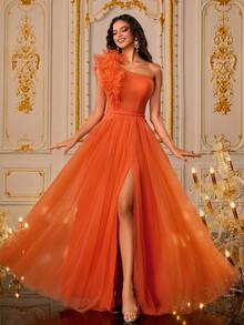 VIPGIRL Đầm dự tiệc sang trọng xẻ đùi cổ bèo nhún bất đối xứng, váy dự tiệc cưới dạ hội thanh lịch, váy dự tiệc tốt nghiệp, váy dự tiệc tối - trái cam - Xem 4