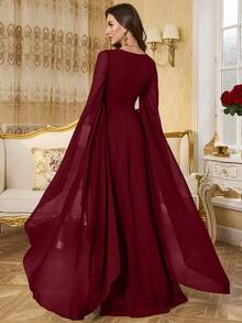 SUPGIR V-Neck Pleated Waist Pearl Decorated Lantern Sleeve Long Chiffon Formal Dress - 酒紅色 - 查看 2