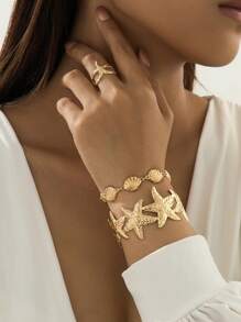 Conjunto de 3 peças de pulseira de estrela do mar dourada martelada, anel, conjunto de joias de pulseira de concha, estilo elegante de férias no oceano, versátil para festas, encontros e feriados