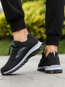 Men's Lightweight Mesh Sneakers, Black Casual Outdoor Shoes For Autumn, Elastic Band Low-Top Flat Black Shoes, Men's Training Shoes, Tennis Shoes, Road Running Shoes