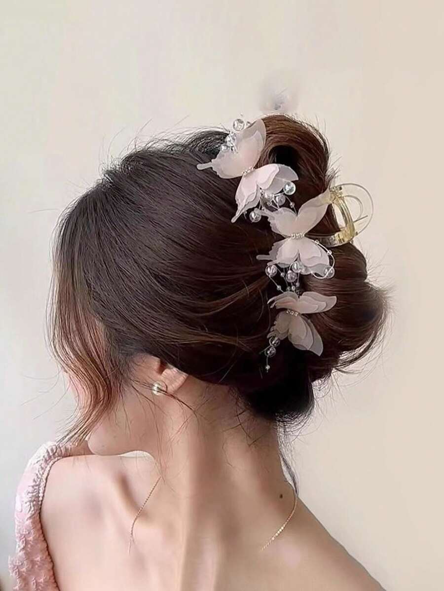 1pc Elegant Pearl & Rhinestone Butterfly Large Hair Claw Clip, Sweet & Cute Hair Accessory, Suitable For Casual, Outing, Party Matching, Pink Fashion Hair Clutch