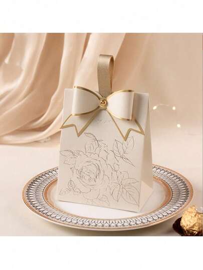 10个带手柄的蝴蝶结纹理礼品盒，创意婚礼礼品盒，奢华节日小礼品盒