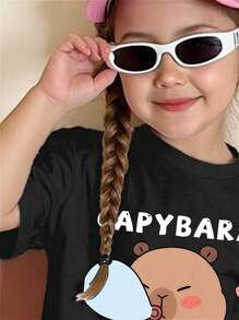 Young Girl Cartoon Graphic Print Short Sleeve T-Shirt And Bike Shorts Set