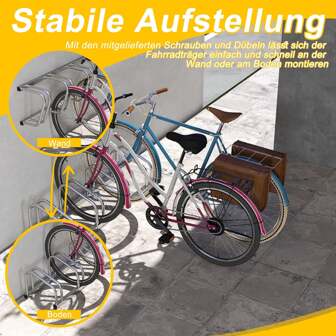 ROSEJANE Rastrelliera per 2 biciclette | Espositore multiplo in acciaio | Supporto in acciaio inox per mountain bike, trekking bike e city bike | Montaggio a pavimento e a parete | Argento/Nero