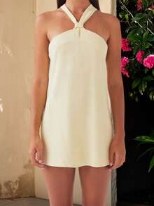 Women Twist Knot Mini Dress Halter Neck Cross Tie Back Club Party Short Dress Summer Sleeveless Casual Vacation Sundress - Màu vàng - Xem 2