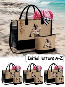 1 set, Bolso de mano tipo tote con estampado de flores con inicial A y correas para el hombro & Set de bolsas de maquillaje con iniciales de la A a la Z, bolso de regalo personalizado con bolsillos laterales, bolso de playa con pañuelo, bolsos de almacenamiento portátiles y de ocio, bolsas de compras multifuncionales, bolsa de almacenamiento simple para viajes