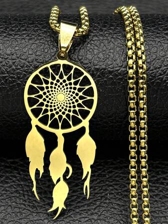 Atrapasueños con plumas, collares de cadena de acero inoxidable, collares largos de atrapasueños, bohemio