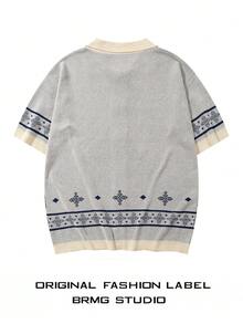 Herren Vintage Lässig Loose Jacquard Polokragen Kurzarm Strick Cardigan Top, Frühling/Sommer - Aprikosenfarben - Übersicht 4