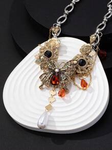 1pc Vintage Distressed Gold Bow Flower Cubic Zirconia Choker Necklace For Women, Party & Daily Wear Jewelry