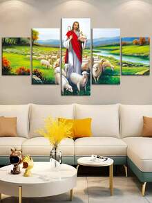 1/5件套，带框装饰艺术风格帆布画，经典宗教艺术，上帝引领羊群，耶稣牧羊，耶稣放羊，含赠品，适合客厅、卧室和酒吧墙面装饰