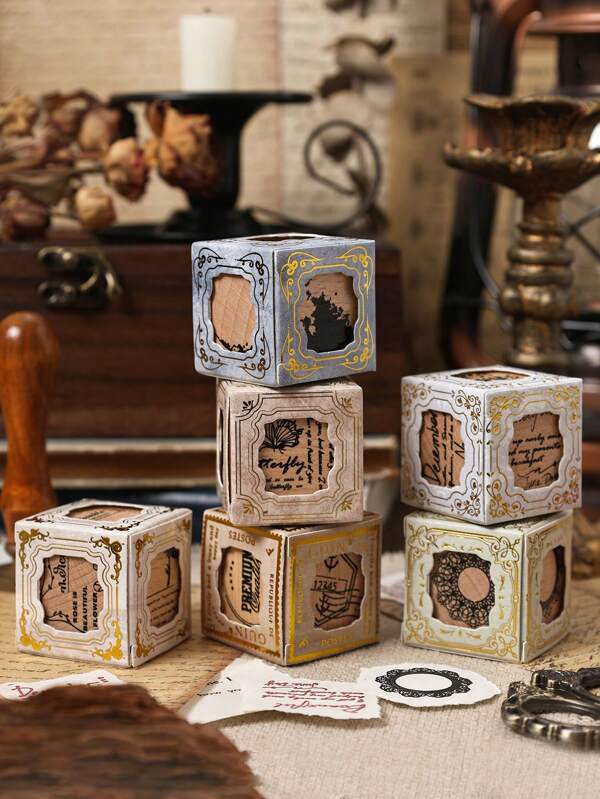 1 pieza Sello de madera vintage estampado en tres caras, diseño creativo de patrón en triple cara, decoración de manual, sello de mano de Madera, flor, texto, borde redondo de encaje y sello con diseño de planeta, adecuado para manualidades DIY y decoración, regalos de vuelta a la escuela