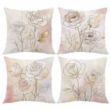 4pcs/Set Bohemian Line Rose Print Throw Pillow Covers, 17.7*17.7in (45*45cm), Single-Sided Printing, Polyester Cushion Covers For Sofa, Bed, Living Room, Bedroom, Car, Office, Hotel Decoration, Great Gift For Family And Friends, All-Season