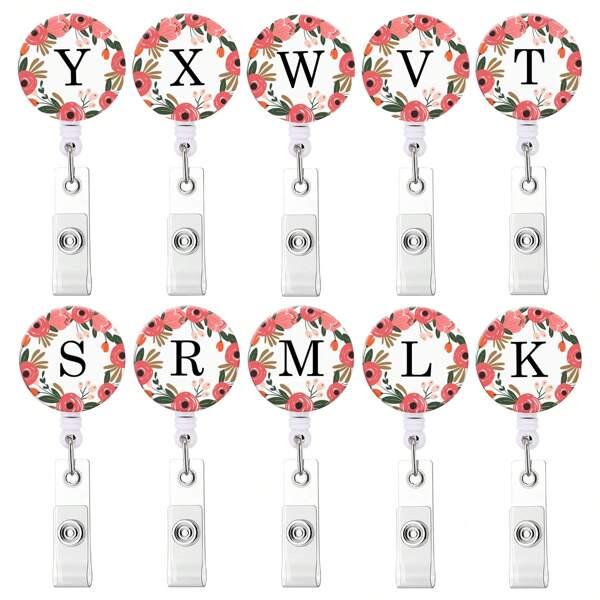 1pc/6pcs/10pcs English Letter Retractable Rotatable ABS Resin Floral Decorative Badge Reel ID Card Holder