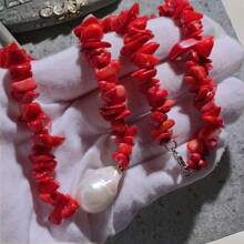Zhenwei xina 1PC Luxury Boho Retro Red Coral Natural Stones Irregular Handmade Pearl Necklace For Women Gift Box For Girls Summer Beach Collar