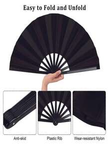 Large Clap Fans For Line Dancing Folding Hand Rave Fan Nylon Cloth Foldable For Line Dancing Festival Craft Dance Decoration For Party Favors(Simple Pattern,Black) Summer Cooling,Beach,Travel