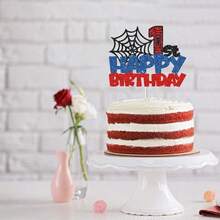 适合 1-9 岁儿童的蜘蛛生日蛋糕装饰，蜘蛛网主题生日快乐蛋糕装饰，生日派对浴室装饰用品 - 彩色 - 查看 7