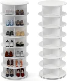Rotating Shoe Cabinet, 360 Degree Shoe Rack Storage - Round Carousel Vertical Handbag Organizer (White, 7 Tier) - White - View 9