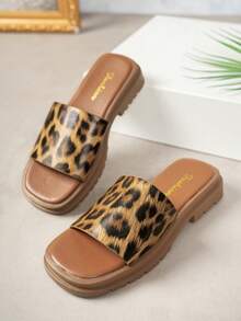 New Flat Slide Sandals For Women, Fashion Casual Simple Beach Shoes, Leopard Print Round Toe Slip On Slippers, Summer, Plus Size, EU Style - Brown Leopard Print - View 4