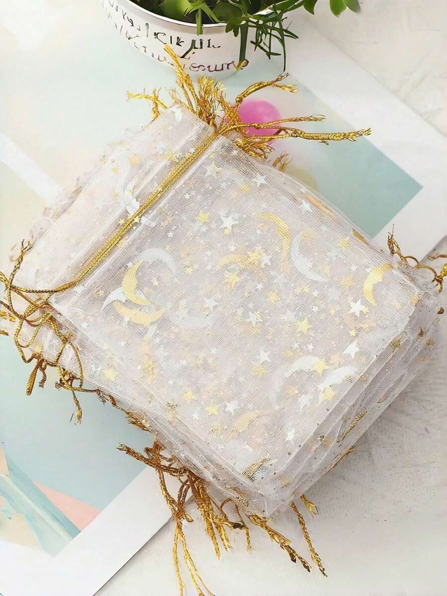10/20pcs 9*12cm Hot Stamped White Moon And Star Pattern Organza Drawstring Gift Bags, Suitable For Jewelry Storage, Candy, Chocolate Packaging, Birthday, Party Gift Packaging, Home Furnishings - Multicolor - View 1