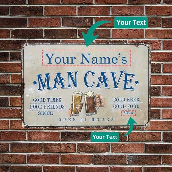 Personalized Vintage Metal Cave Logo Wall Decor For Men, Customized With Name, Great For Good Times, Ice Cold Beers & Food - 12" X 8"