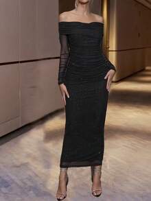 优雅露肩长袖派对礼服，性感，纯色，成人露肩晚礼服