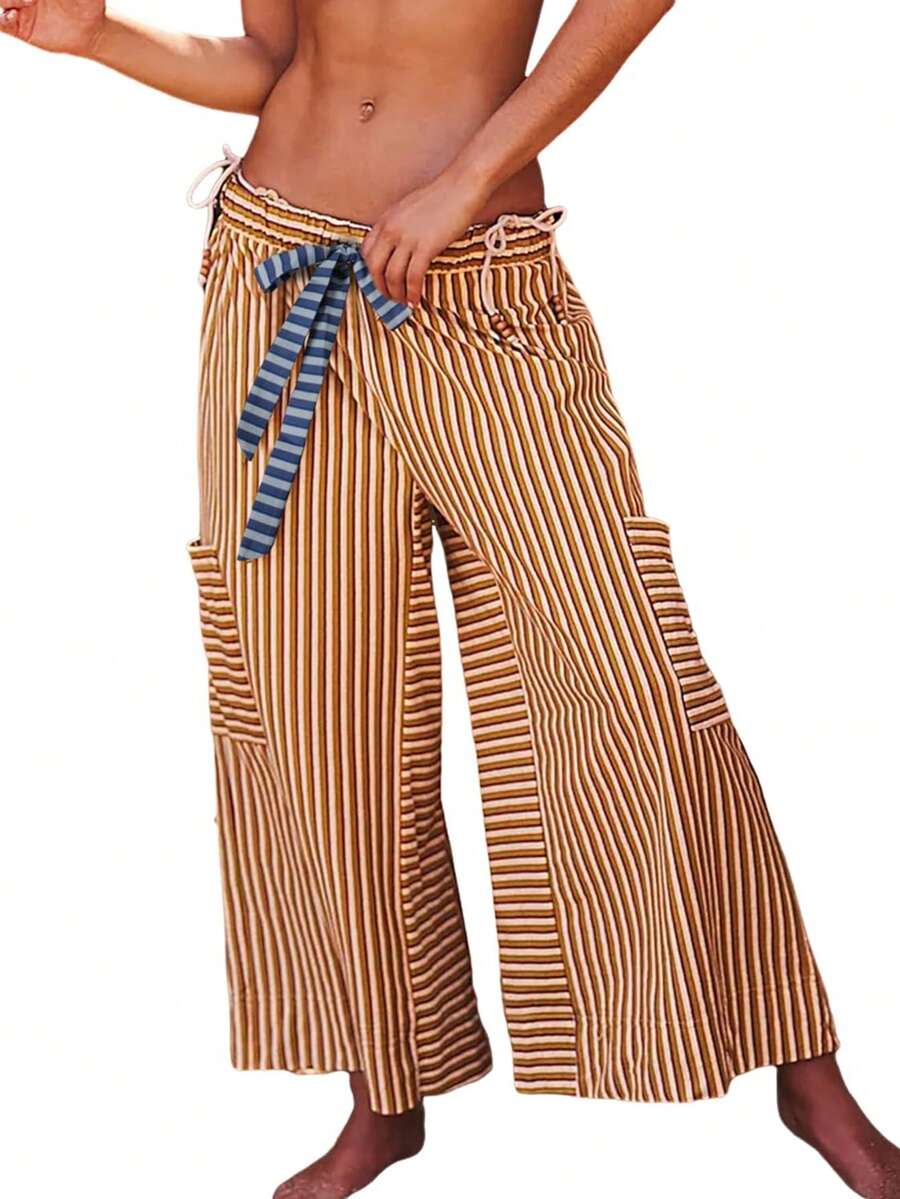 Women's Drawstring Striped Trousers Loose Wide Leg Casual Trousers Casual Paraiso Trousers With Pockets Trousers - 卡其色 - 查看 1