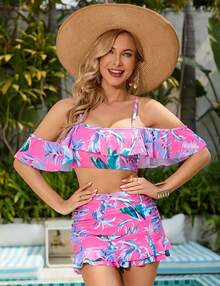 YESFASHION Womens Floral Bikini Set Two Piece High Waisted Swimsuit With Skirt Off Shoulder Ruffle Bathing Suits Tummy Control Swimwear - 玫瑰紅 - 查看 5