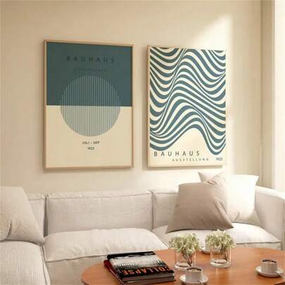 1 Pieza/2 Piezas Pósteres de arte de pared de la Exposición Bauhaus Decoración abstracta geométrica moderna de estilo azul Impresiones en lienzo de pinturas de moda de mediados de siglo para decoración de sala de estar, dormitorio, oficina en casa, dormitorio, diseño de fondo de pared Imagen con marco opcional