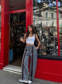 Women's Fashion Casual, Elegant Design Line Splice Straight Leg Suit Pants