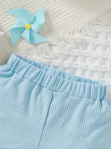 2pcs/Set Atasan Camisole Bordir Bunga Kasual Modis & Celana Pendek Biru, Musim Panas - Baby Blue - View 6