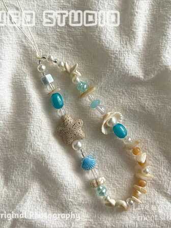 1 件蓝色海洋系列贝壳珍珠海星手机吊坠兼容包装饰 Ccd 相机挂绳服装配饰专为女士设计