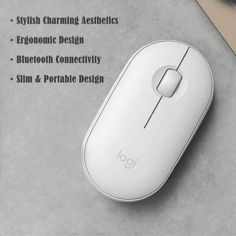 Logitech [Pebble Pebble Mouse] Ratón inalámbrico Bluetooth ultradelgado y silencioso, diseñado especialmente para Apple Mac/iPad, interruptor de un solo clic para múltiples dispositivos, equipo de alta calidad para oficina, sala de estudio, cafetería, oficina móvil - Blanco - Ver 1
