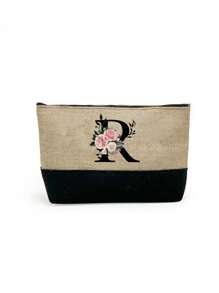 1 set, Bolso de mano tipo tote con estampado de flores con inicial A y correas para el hombro & Set de bolsas de maquillaje con iniciales de la A a la Z, bolso de regalo personalizado con bolsillos laterales, bolso de playa con pañuelo, bolsos de almacenamiento portátiles y de ocio, bolsas de compras multifuncionales, bolsa de almacenamiento simple para viajes