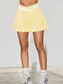 Falda plisada de cintura alta a rayas y parches estilo europeo y americano para mujeres, nueva colección de verano para deportes y yoga, con shorts incorporados - Amarillo - Ver 3